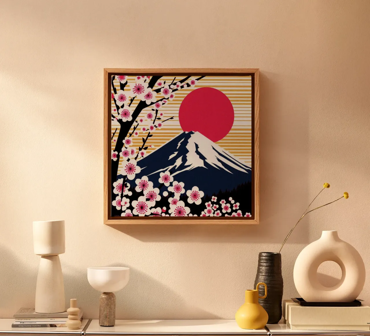 Sakura, Fuji en zon - vintage posterprint canvas met Baklijst van posterprints-by-nomad
