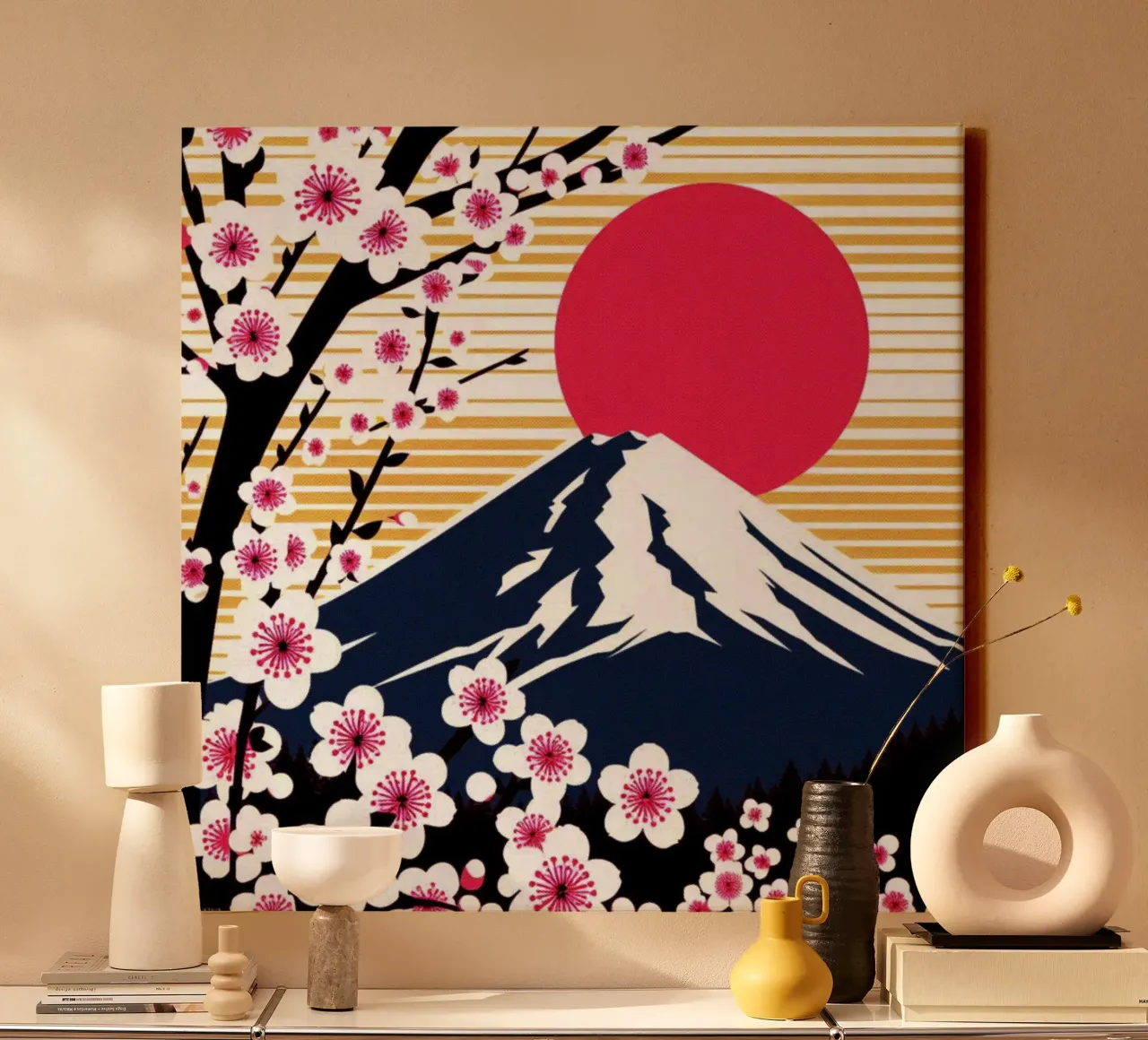 Sakura, Fuji en zon - vintage posterprint canvas met Baklijst van posterprints-by-nomad