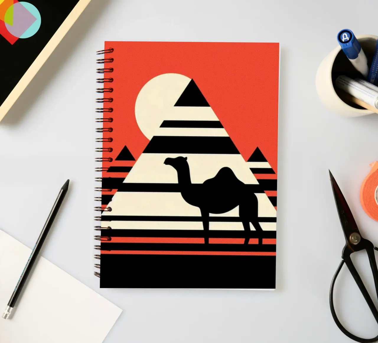 Pyramid with camel - Vintage poster print spiral notebook by posterprints-by-nomad