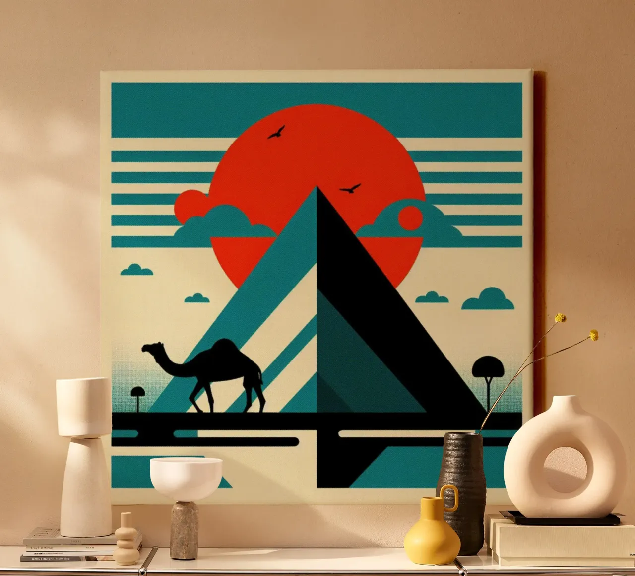 Pyramid with camel - Vintage poster print canvas by posterprints-by-nomad