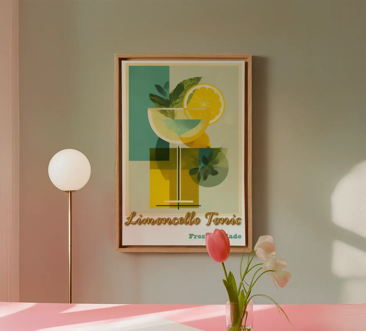 Limoncello Tonic - Zomerse retro poster voor keuken & bar canvas met Baklijst van Artworkai Shop