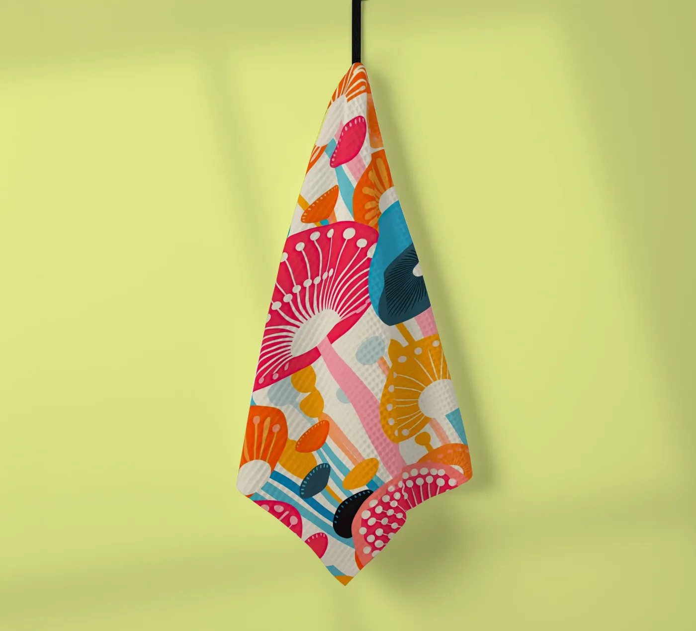 Psychedelic mushroom pattern tea towel by Autofocus