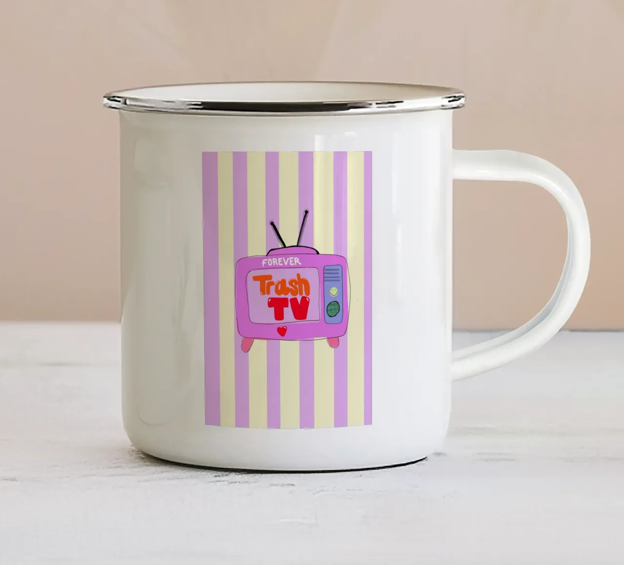 Trash TV tazza in smalto da Hej Ibiza by Ute Arnold