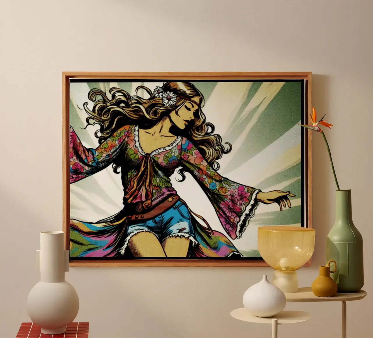 Donna hippie - Stampa poster d'epoca tela con Cornice a cassetta da posterprints-by-nomad