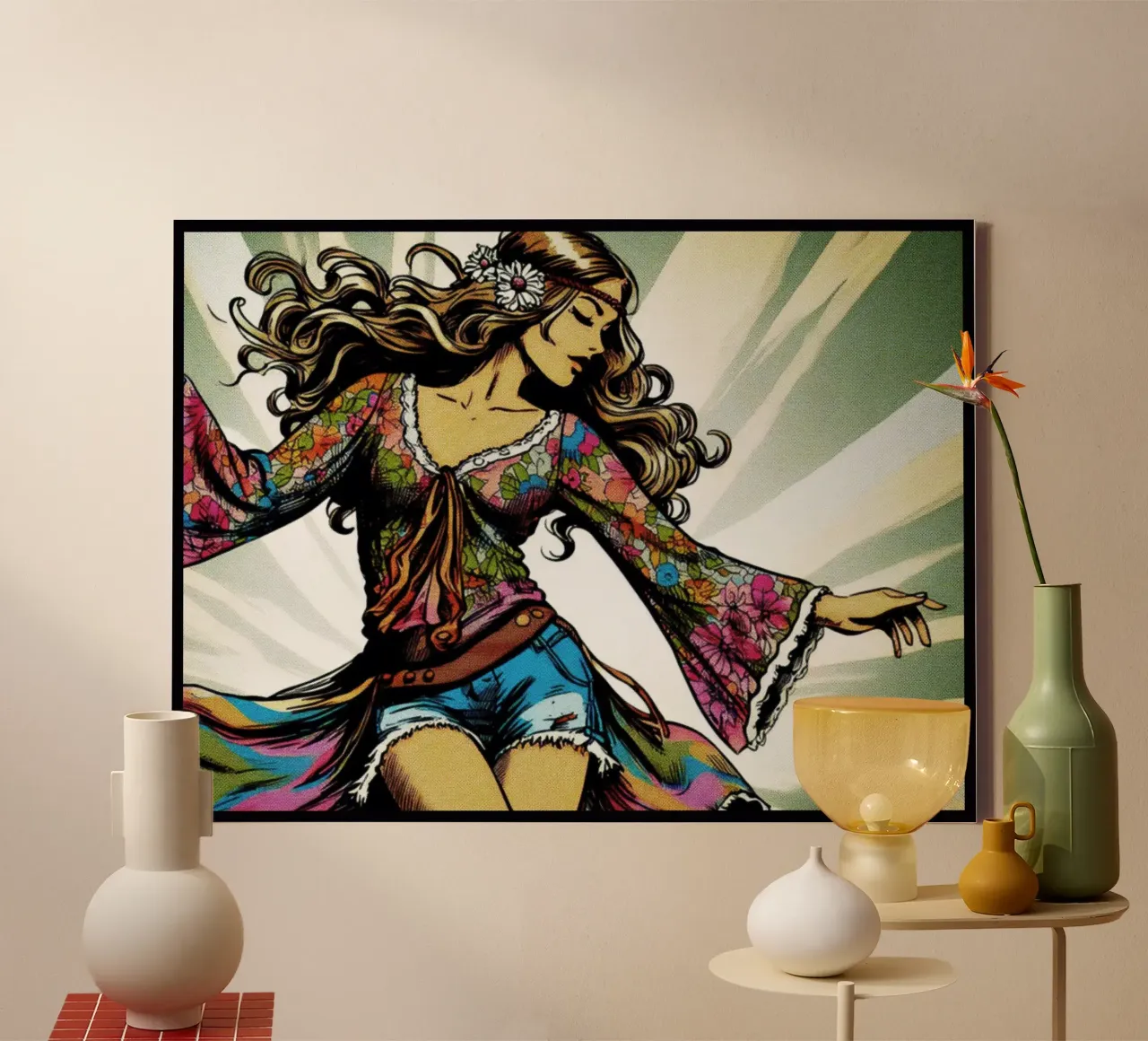 Donna hippie - Stampa poster d'epoca tela con Cornice a cassetta da posterprints-by-nomad