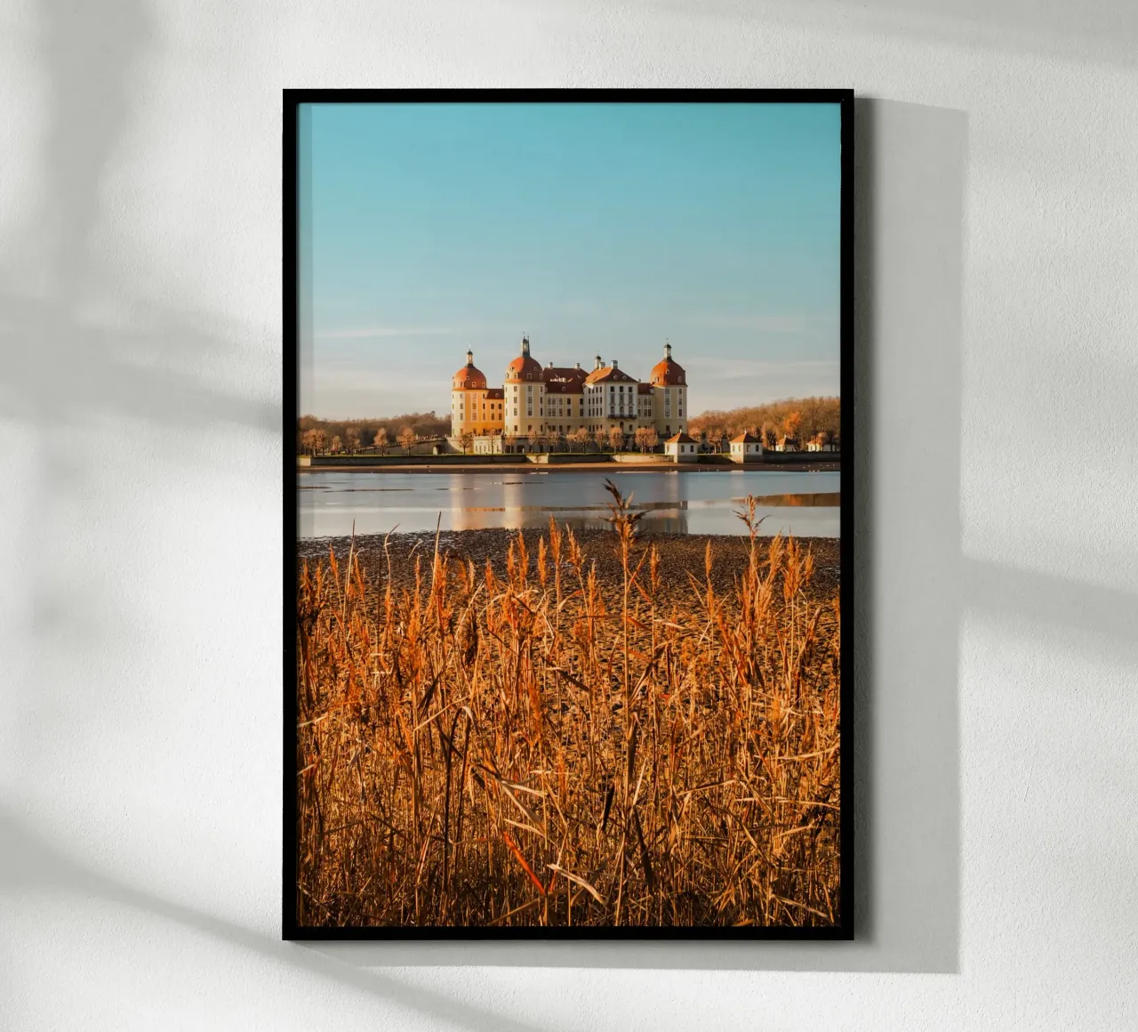 Castello di Moritzburg in Sassonia: foto d'autunno con stagno e canneti poster con telaio in legno da Bold and Retro