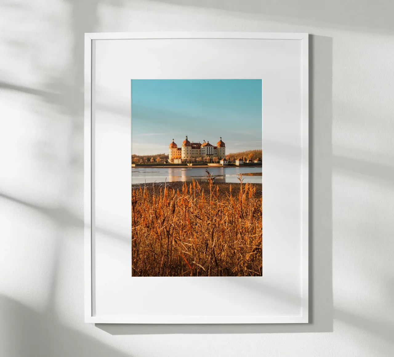 Castello di Moritzburg in Sassonia: foto d'autunno con stagno e canneti poster con telaio in legno da Bold and Retro