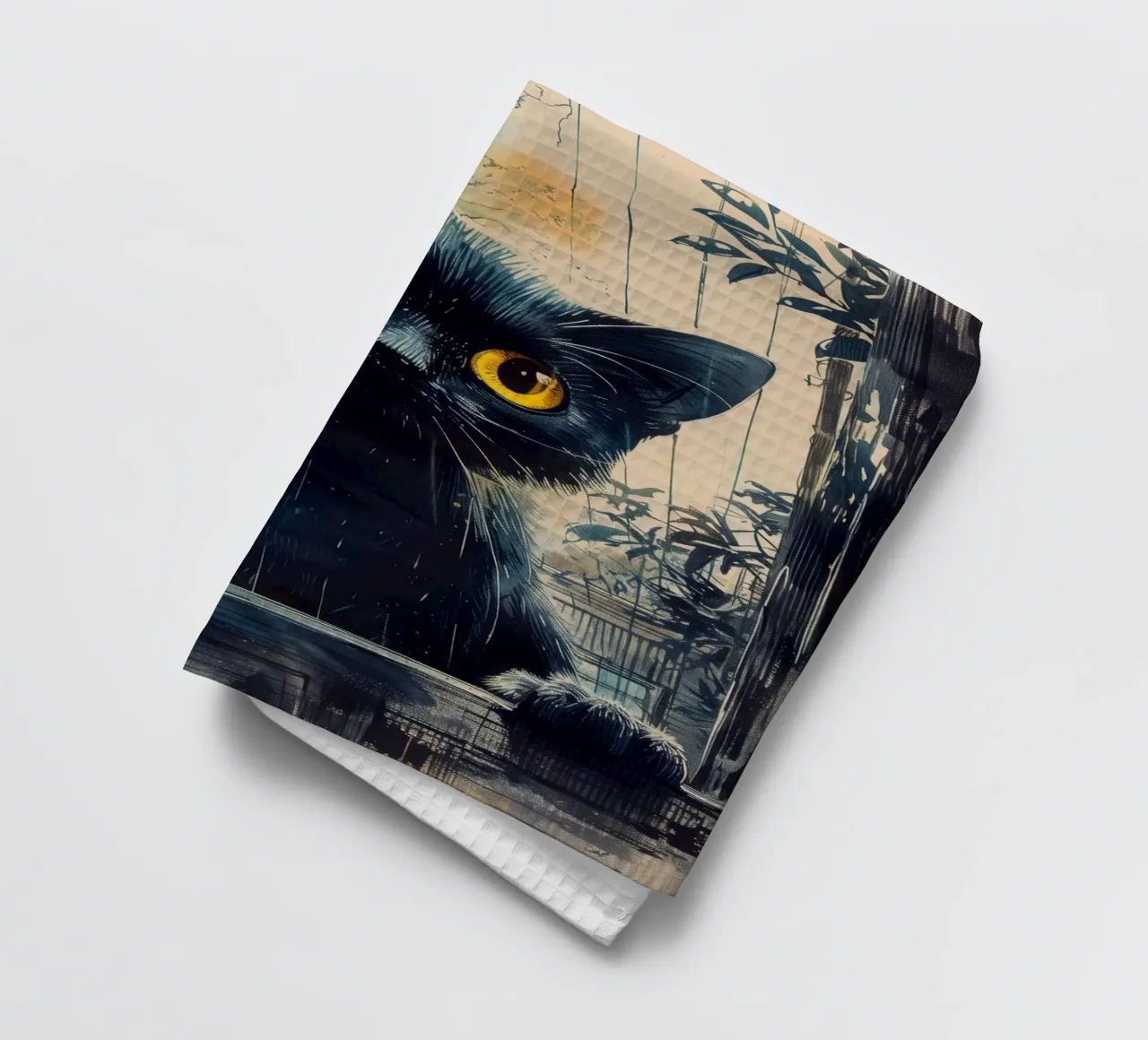 Sweet black kitty tea towel by Justyna Jaszke JBJart