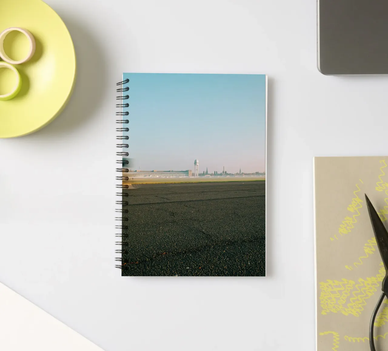 Berlin Poster - Skyline at Tempelhof Airport with cyclist spiral notebook by Bold and Retro