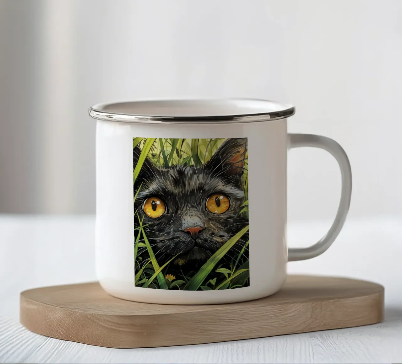 Gatto nero con occhi gialli tazza in smalto da Justyna Jaszke JBJart