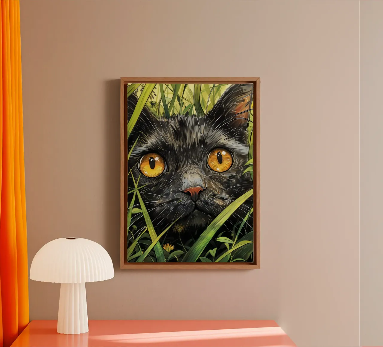 Zwarte kat met gele ogen canvas met Baklijst van Justyna Jaszke JBJart