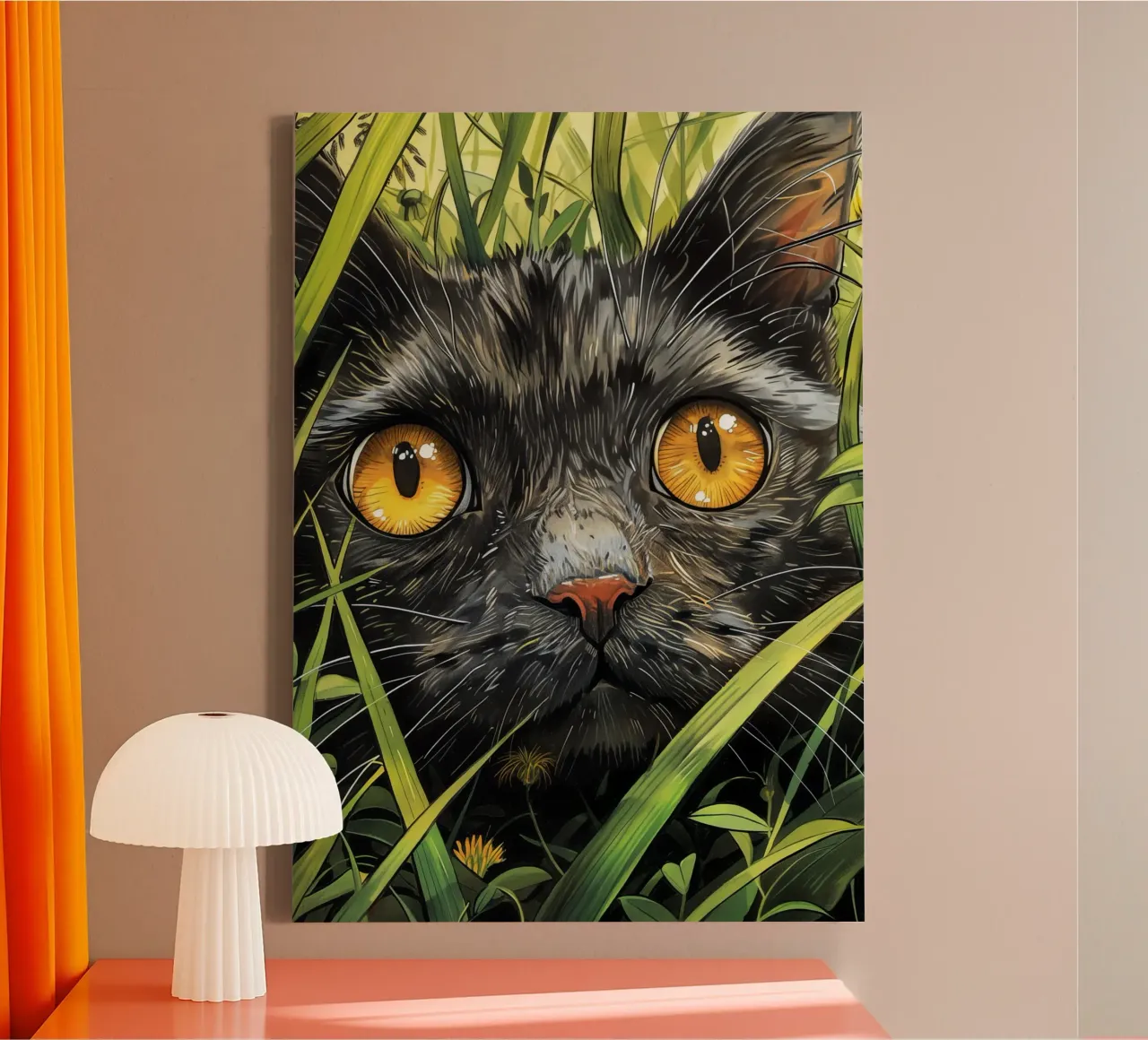 Zwarte kat met gele ogen canvas met Baklijst van Justyna Jaszke JBJart