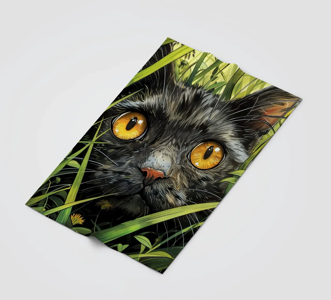 Gatto nero con occhi gialli coperta in pile da Justyna Jaszke JBJart