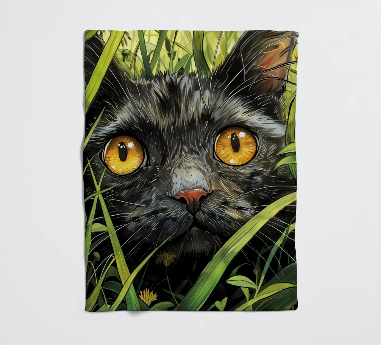 Gatto nero con occhi gialli coperta in pile da Justyna Jaszke JBJart