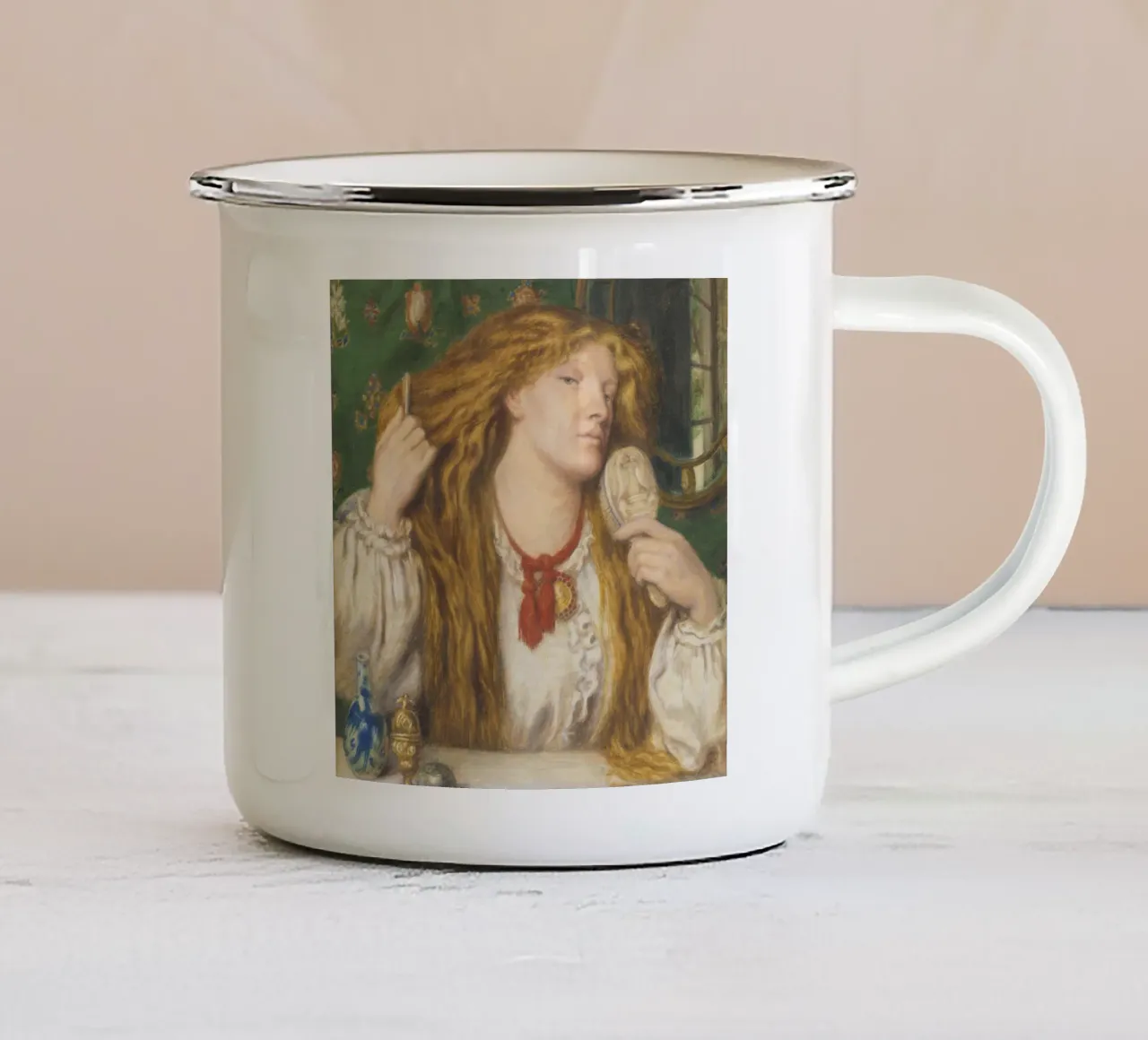 Dante Gabriel Rossetti - Una donna che si pettina tazza in smalto da Timeless Artworks