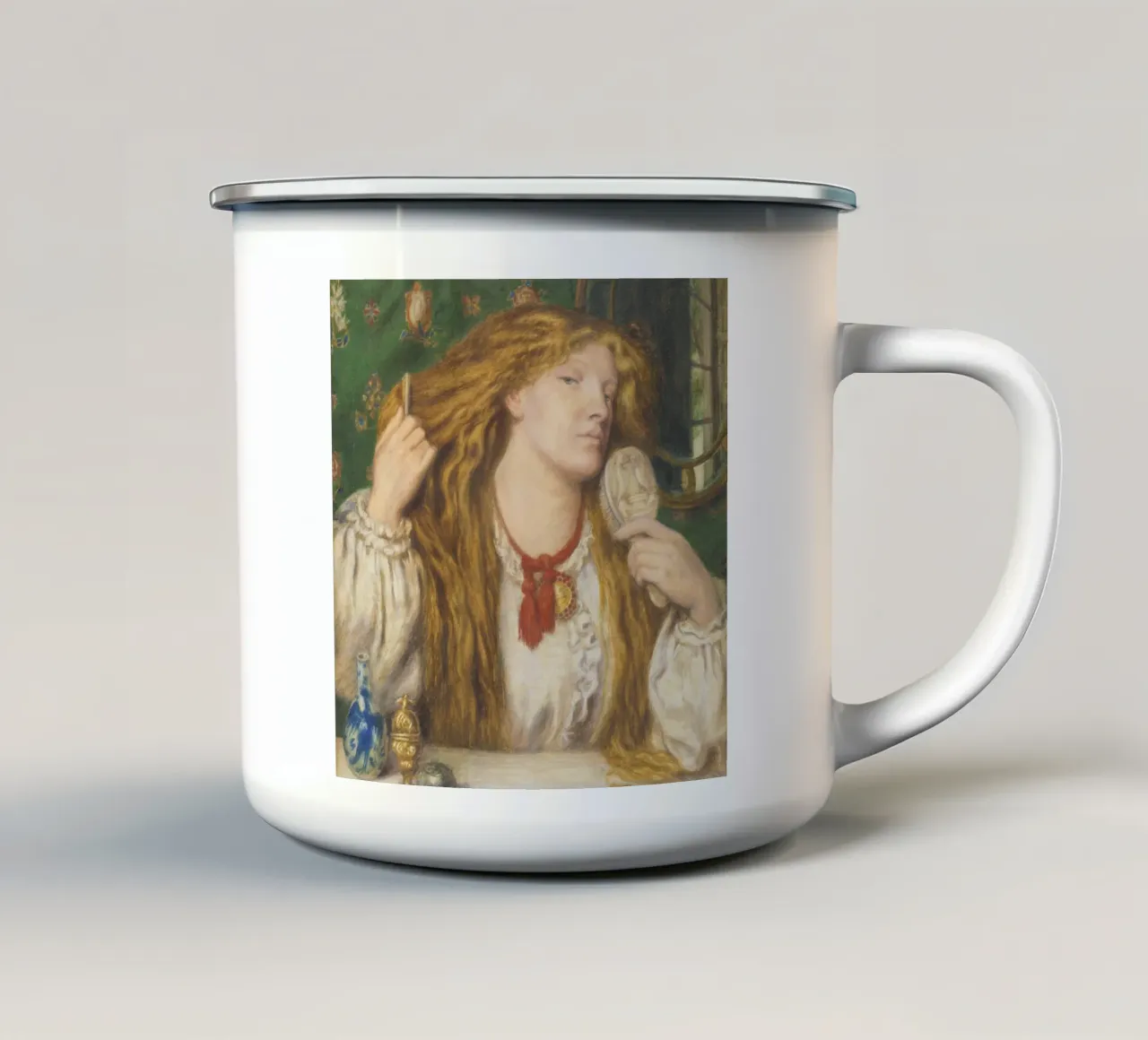 Dante Gabriel Rossetti - Una donna che si pettina tazza in smalto da Timeless Artworks