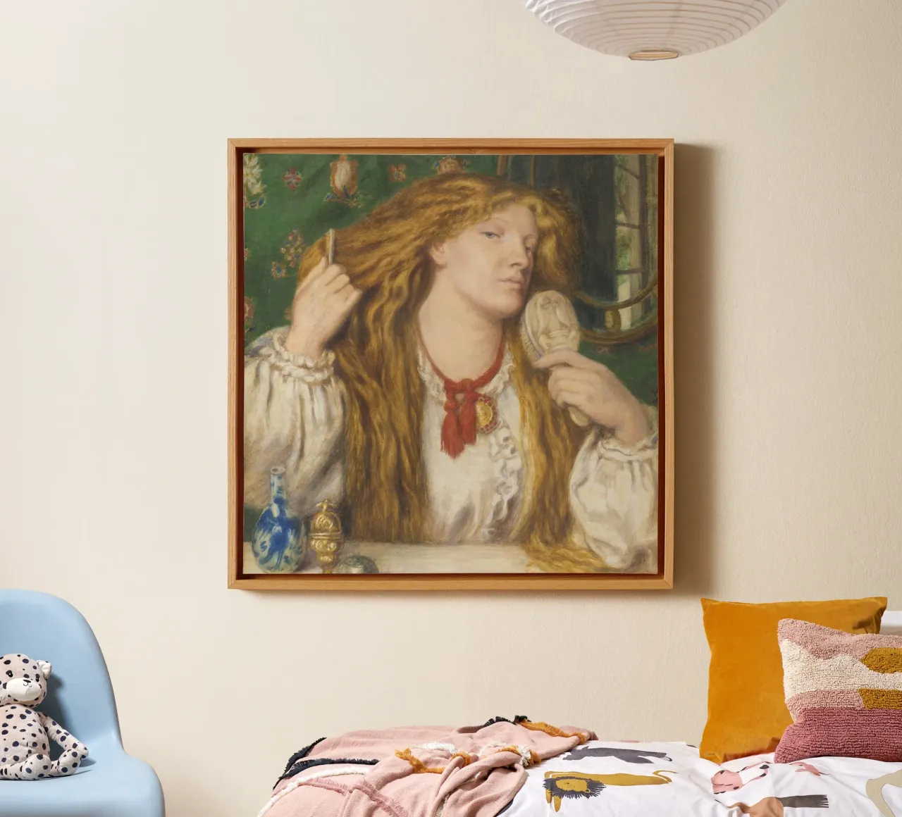 Dante Gabriel Rossetti - Eine Frau kämmt ihr Haar Leinwand mit Schattenfugenrahmen von Timeless Artworks