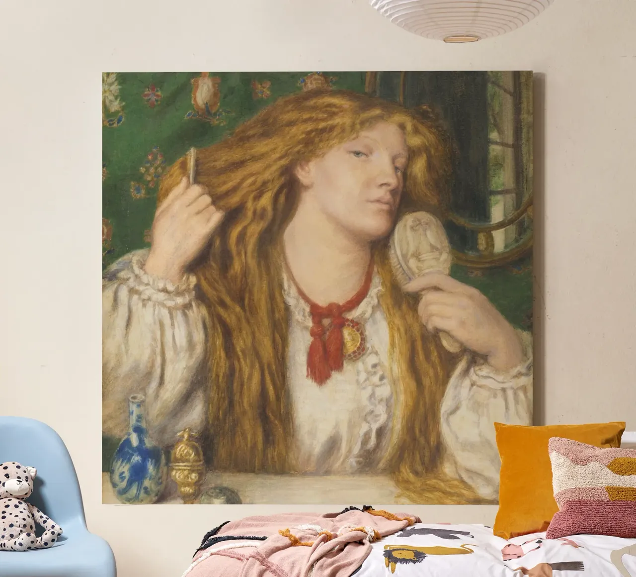 Dante Gabriel Rossetti - Eine Frau kämmt ihr Haar Leinwand mit Schattenfugenrahmen von Timeless Artworks