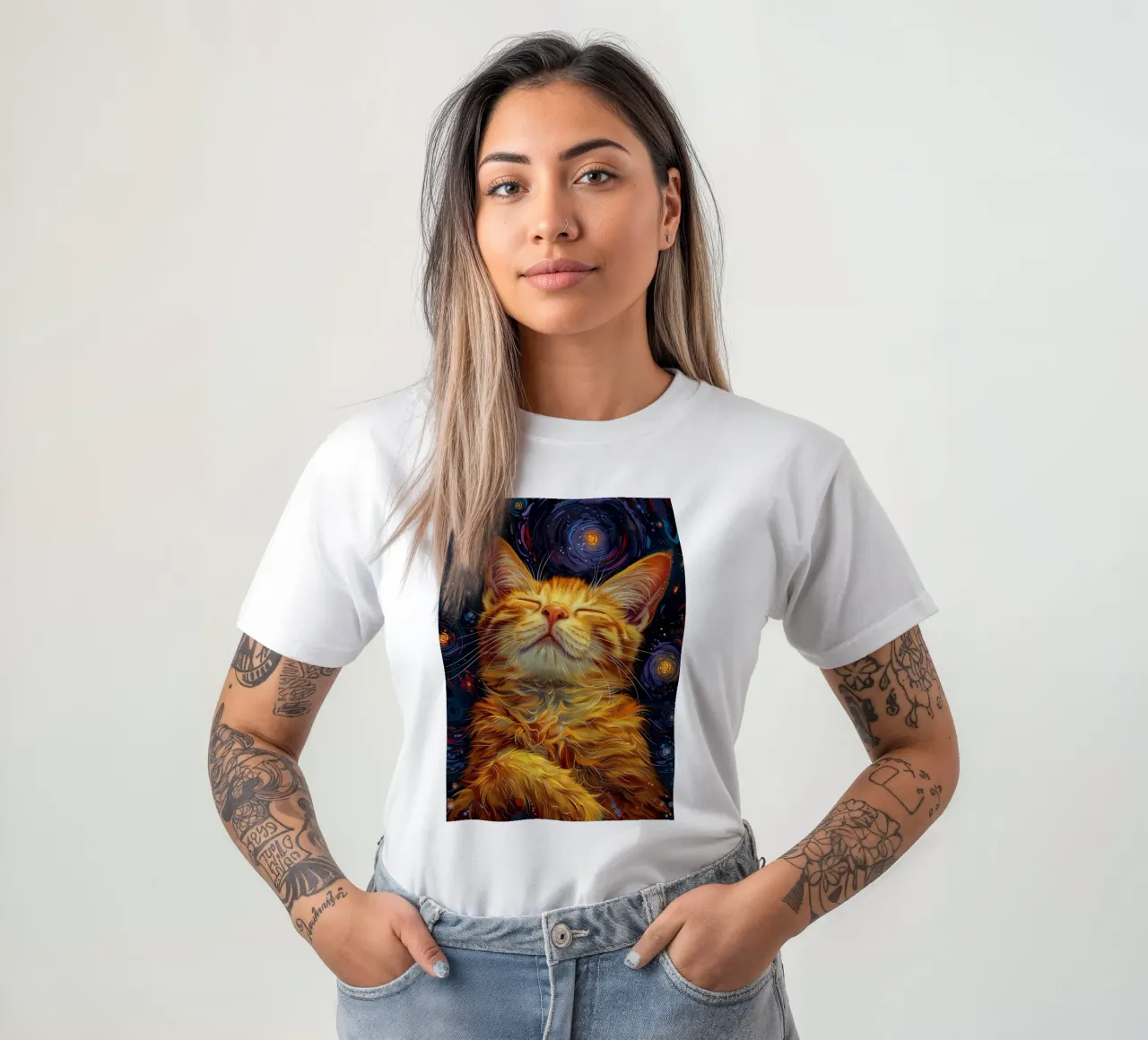 Ginger cat sleeping t-shirt by Justyna Jaszke JBJart
