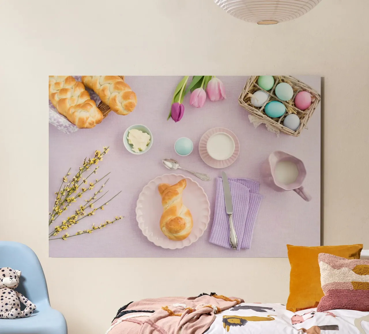 Brunch pasquale con pane a treccia e uova colorate alluminio dibond da foodphotolove