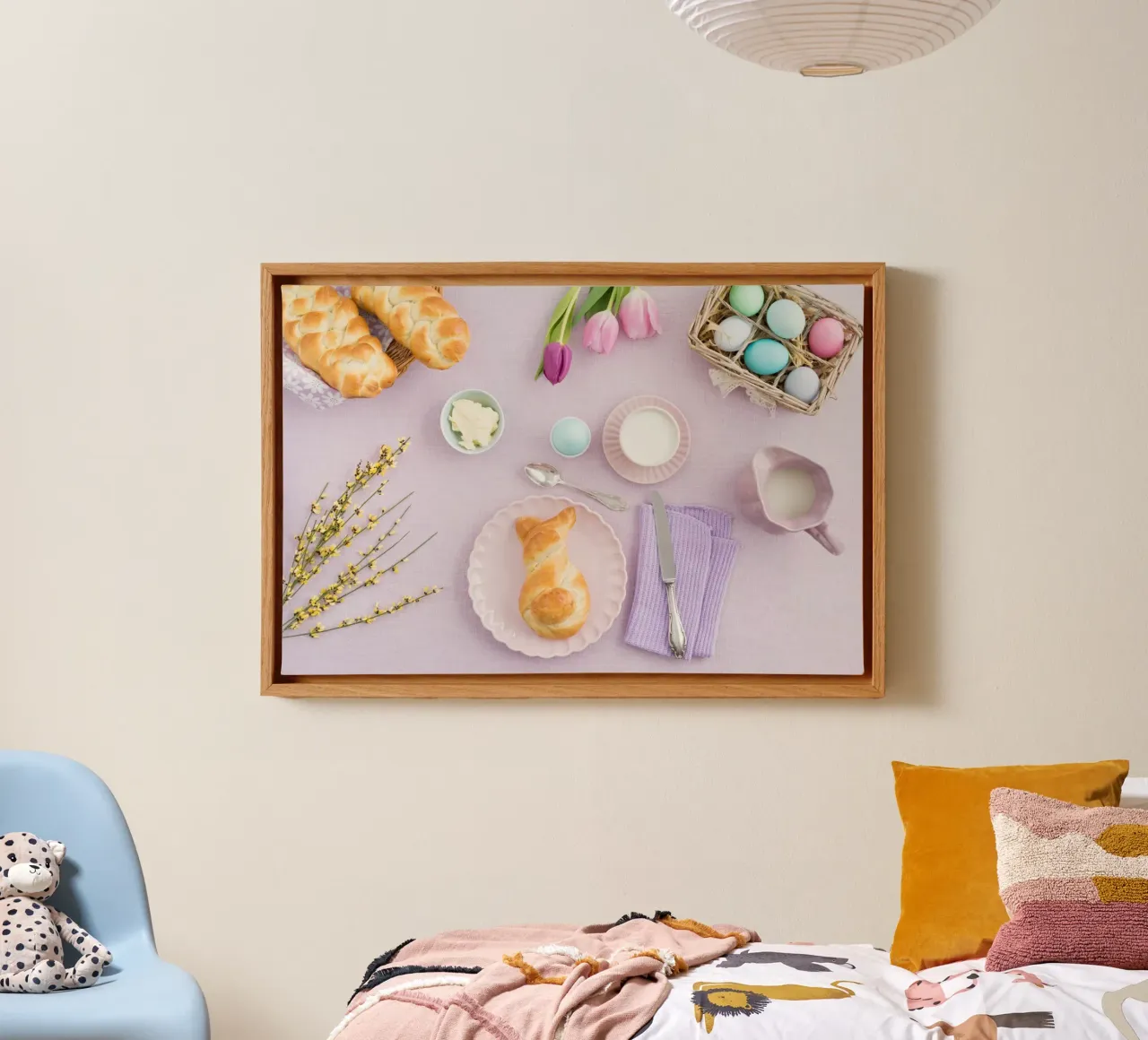 Paasbrunch met gevlochten konijnenbrood en pasteleieren canvas met Baklijst van foodphotolove