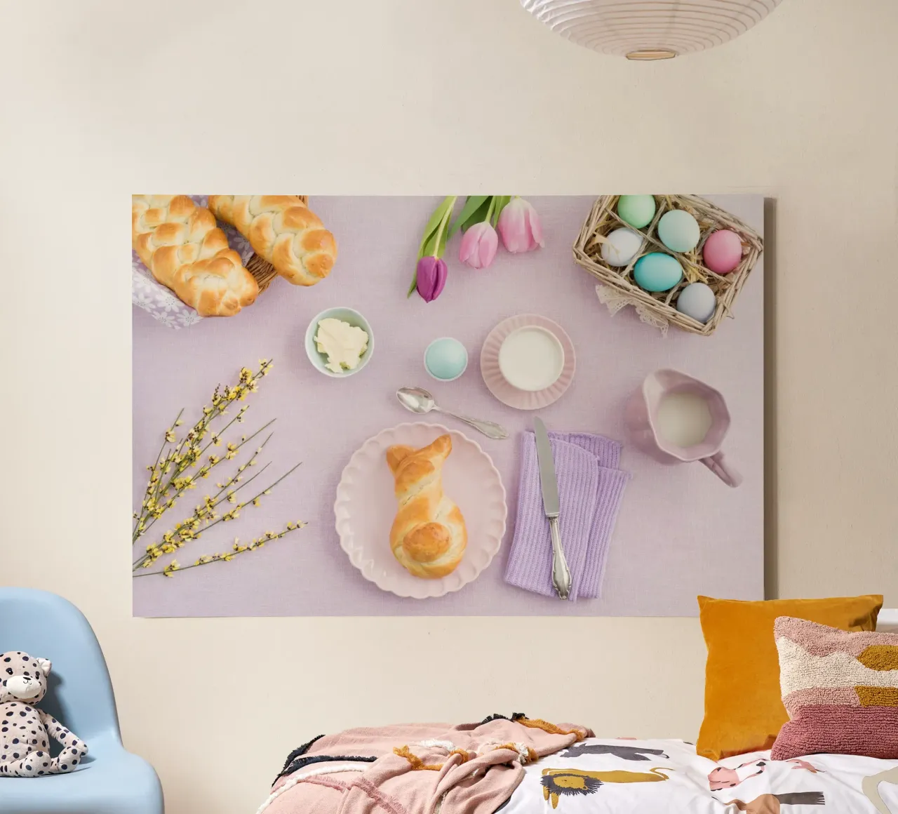 Paasbrunch met gevlochten konijnenbrood en pasteleieren canvas met Baklijst van foodphotolove