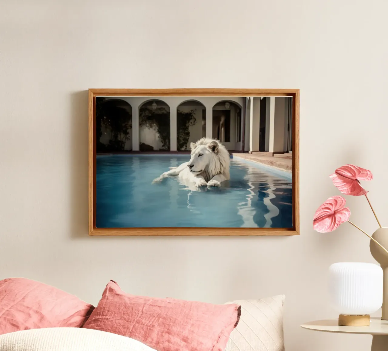 White Lion Relaxing in a Luxury Pool canvas with Floater frame by Lisa Artifexia