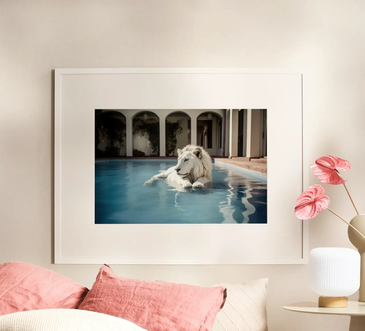Il Leone Bianco si rilassa in una piscina di lusso poster con telaio in plastica da Lisa Artifexia