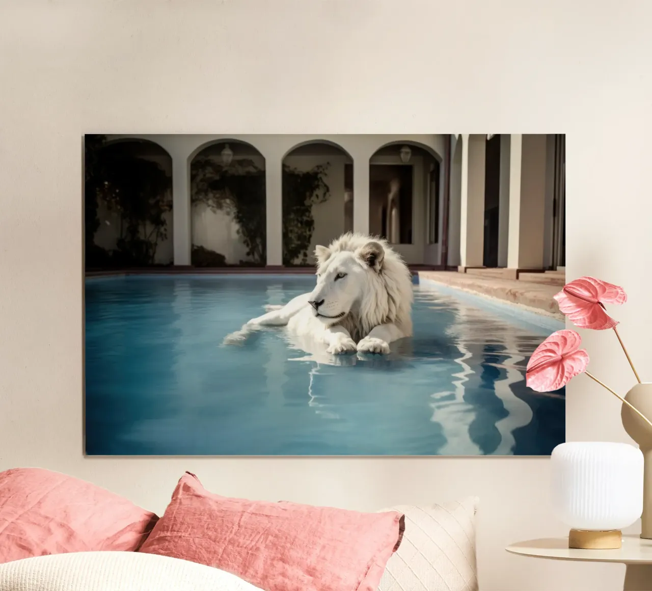 Il Leone Bianco si rilassa in una piscina di lusso poster con telaio in plastica da Lisa Artifexia