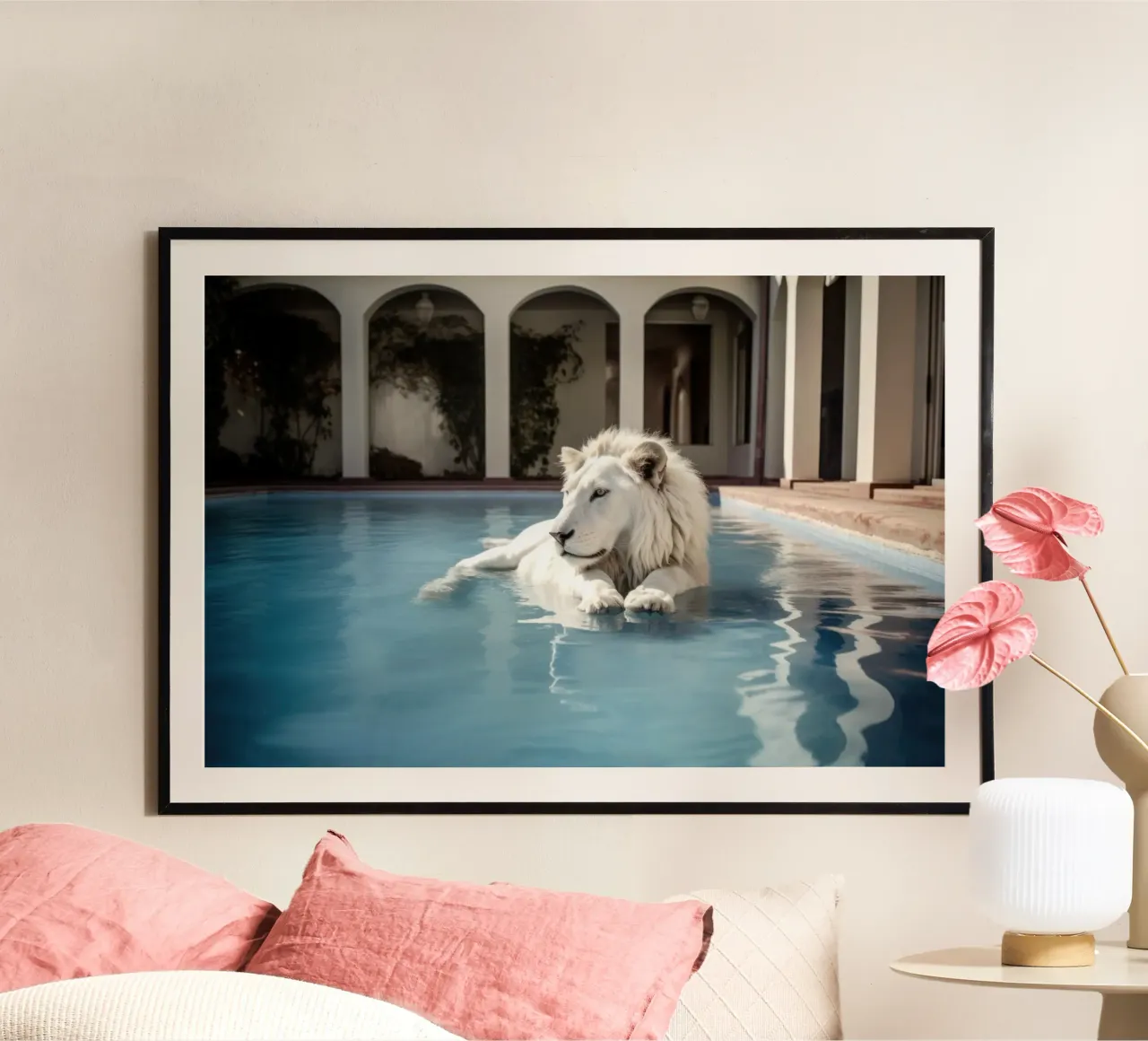 Il Leone Bianco si rilassa in una piscina di lusso poster con telaio in plastica da Lisa Artifexia