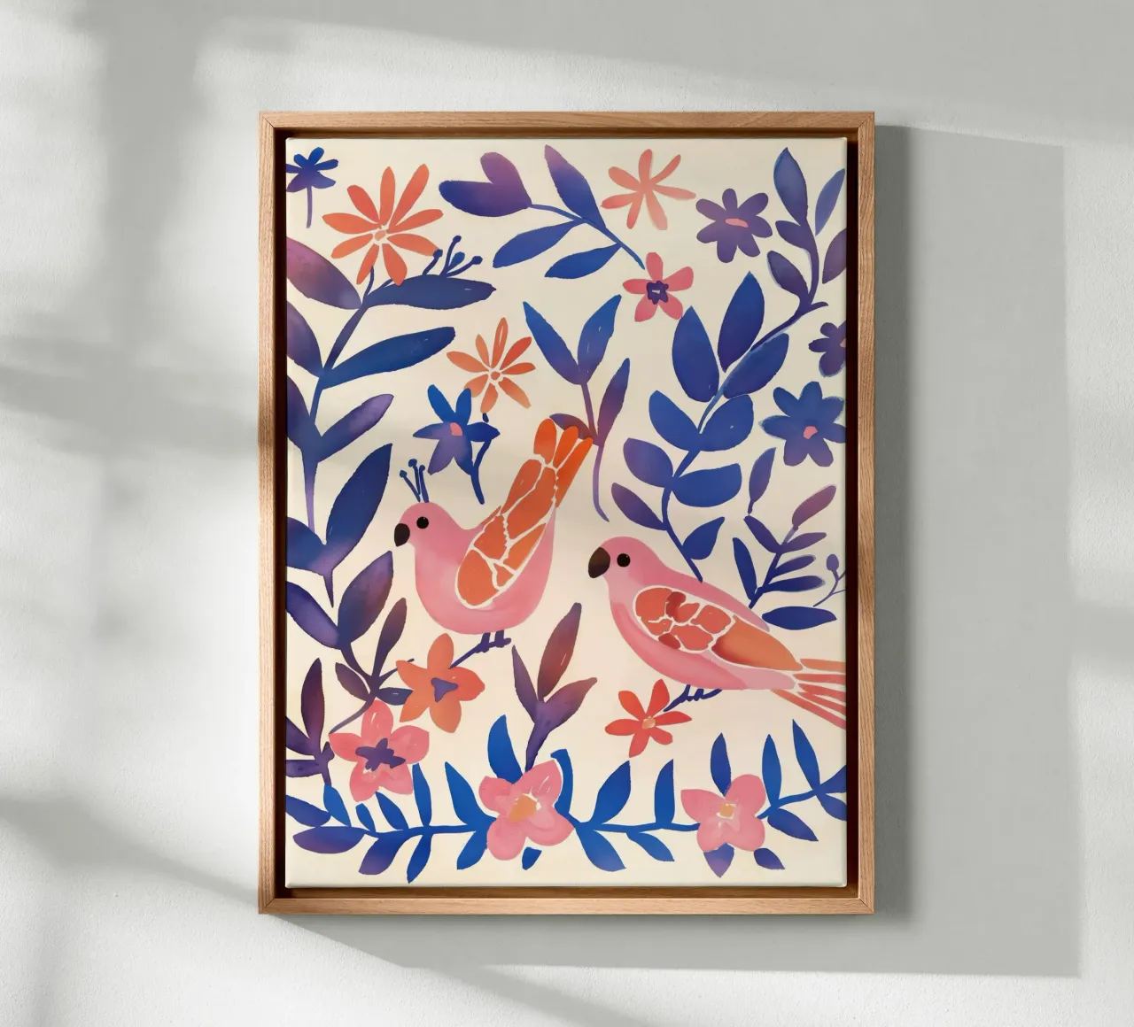 Amore Uccello Rosa Pappagallo Vintage Botanico Animale Primavera Fiore tela con Cornice a cassetta da Gentle Echoes Art