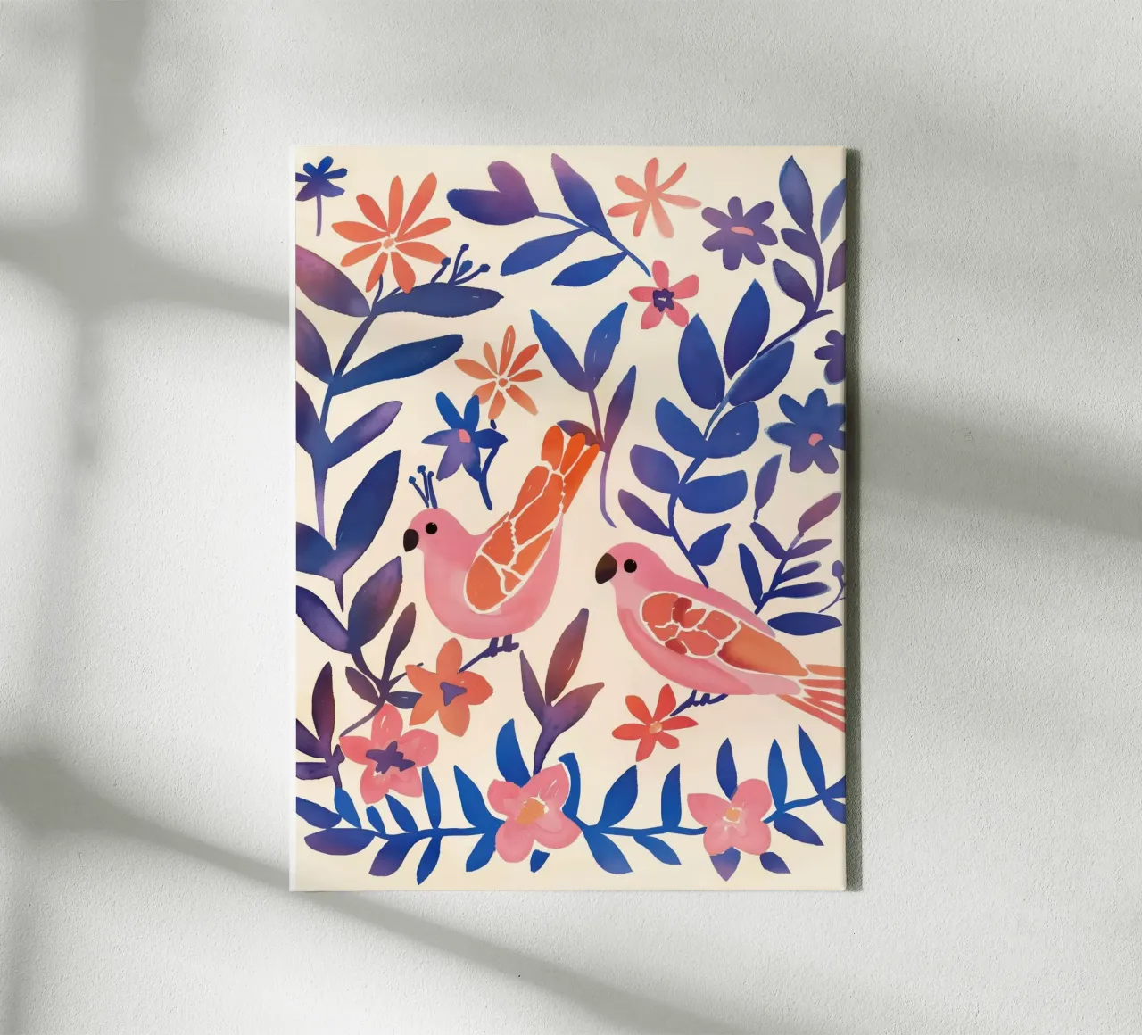 Amore Uccello Rosa Pappagallo Vintage Botanico Animale Primavera Fiore tela con Cornice a cassetta da Gentle Echoes Art