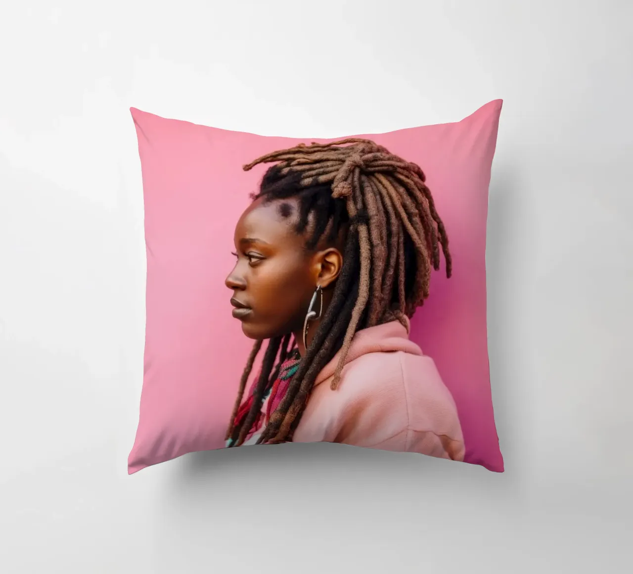 Donna elegante con capelli rasta contro un muro rosa cuscino da Lisa Artifexia