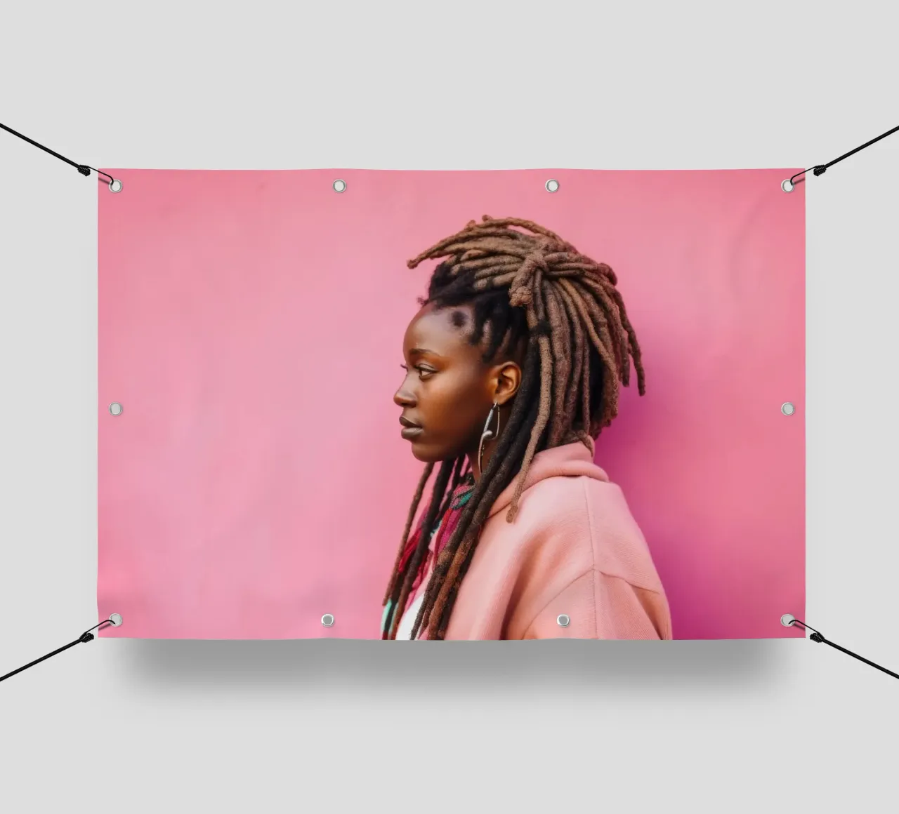 Donna elegante con capelli rasta contro un muro rosa telo in pvc da Lisa Artifexia