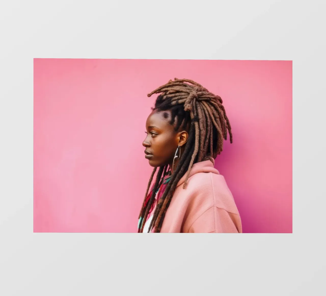 Donna elegante con capelli rasta contro un muro rosa telo in pvc da Lisa Artifexia