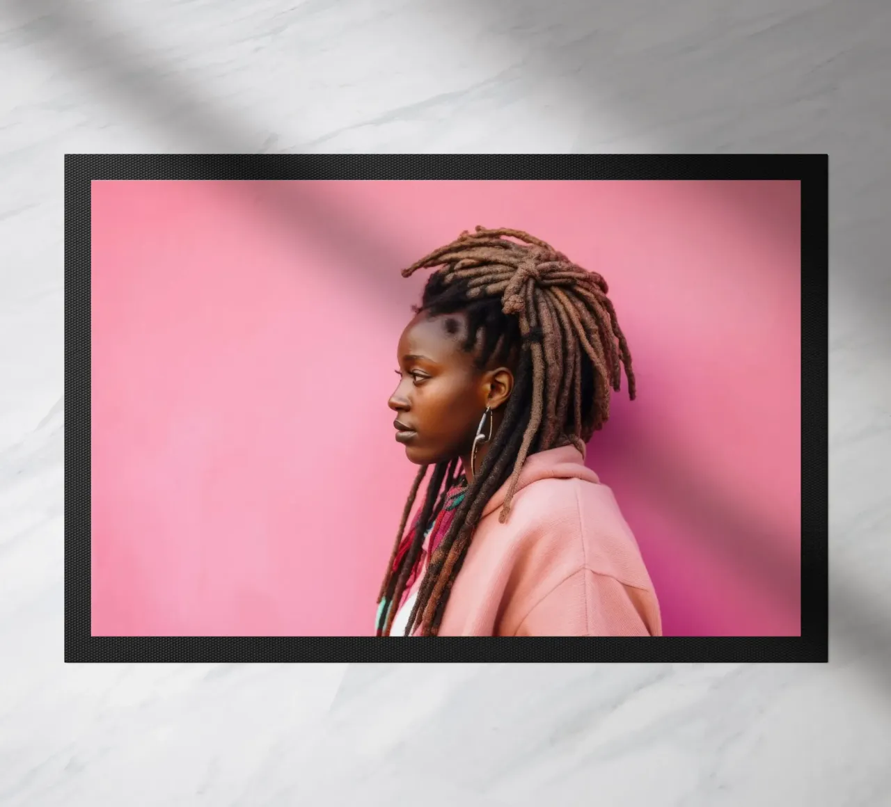 Donna elegante con capelli rasta contro un muro rosa zerbino da Lisa Artifexia