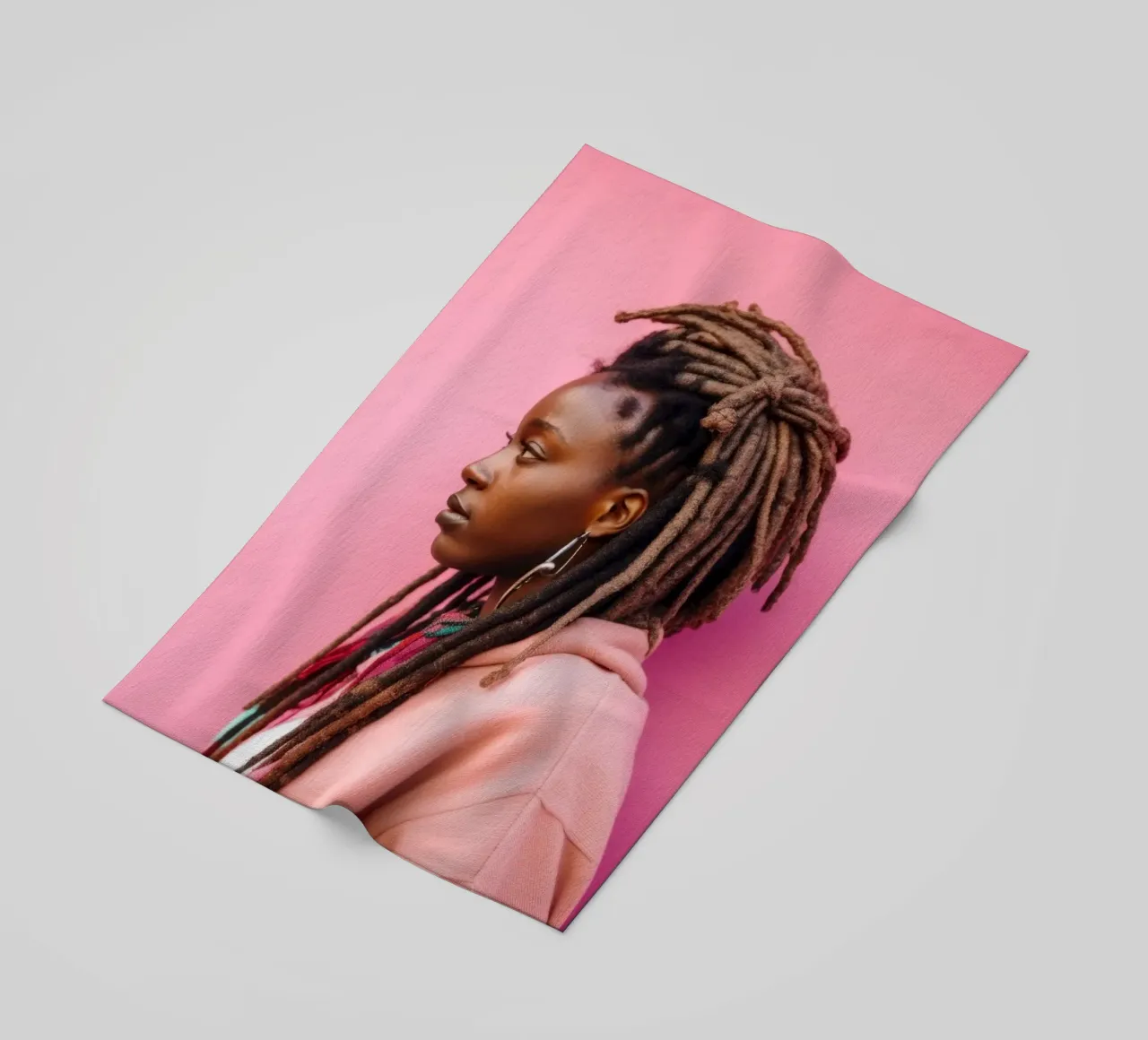 Donna elegante con capelli rasta contro un muro rosa telo mare da Lisa Artifexia