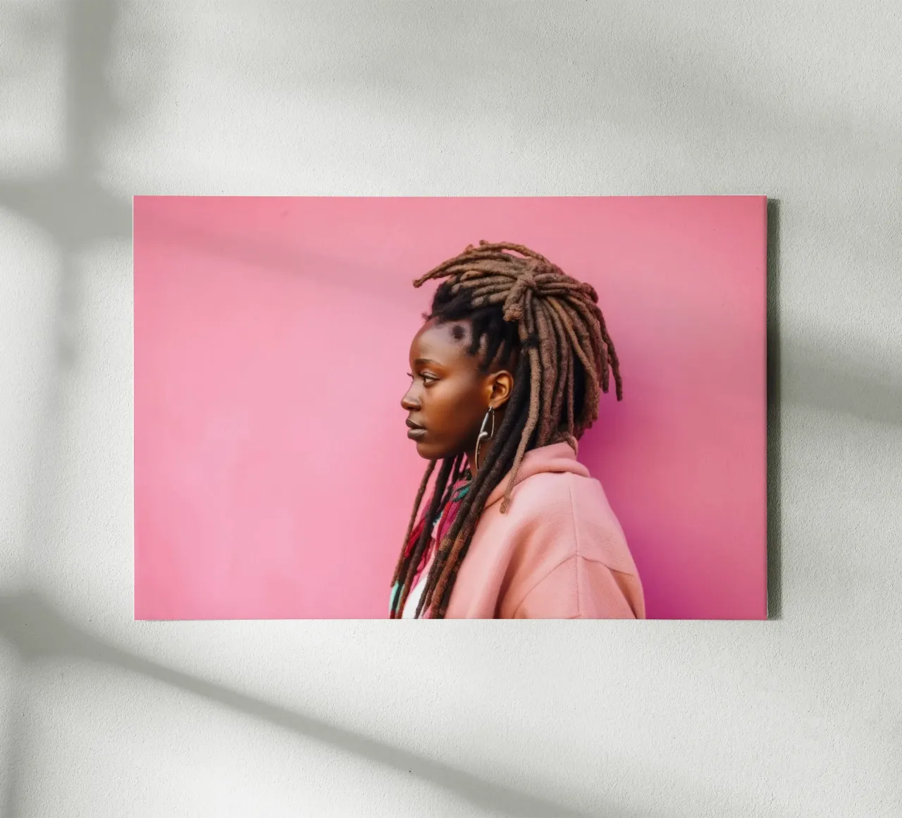 Stijlvolle vrouw met dreadlocks tegen roze muur canvas met Baklijst van Lisa Artifexia