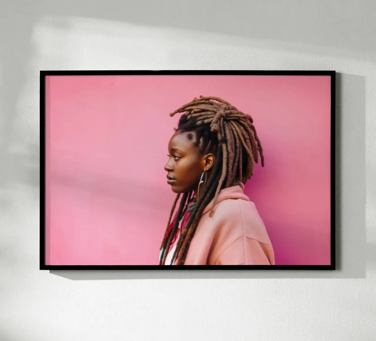 Stilvolle Frau mit Dreadlocks vor rosa Wand Poster mit Kunststoffrahmen von Lisa Artifexia