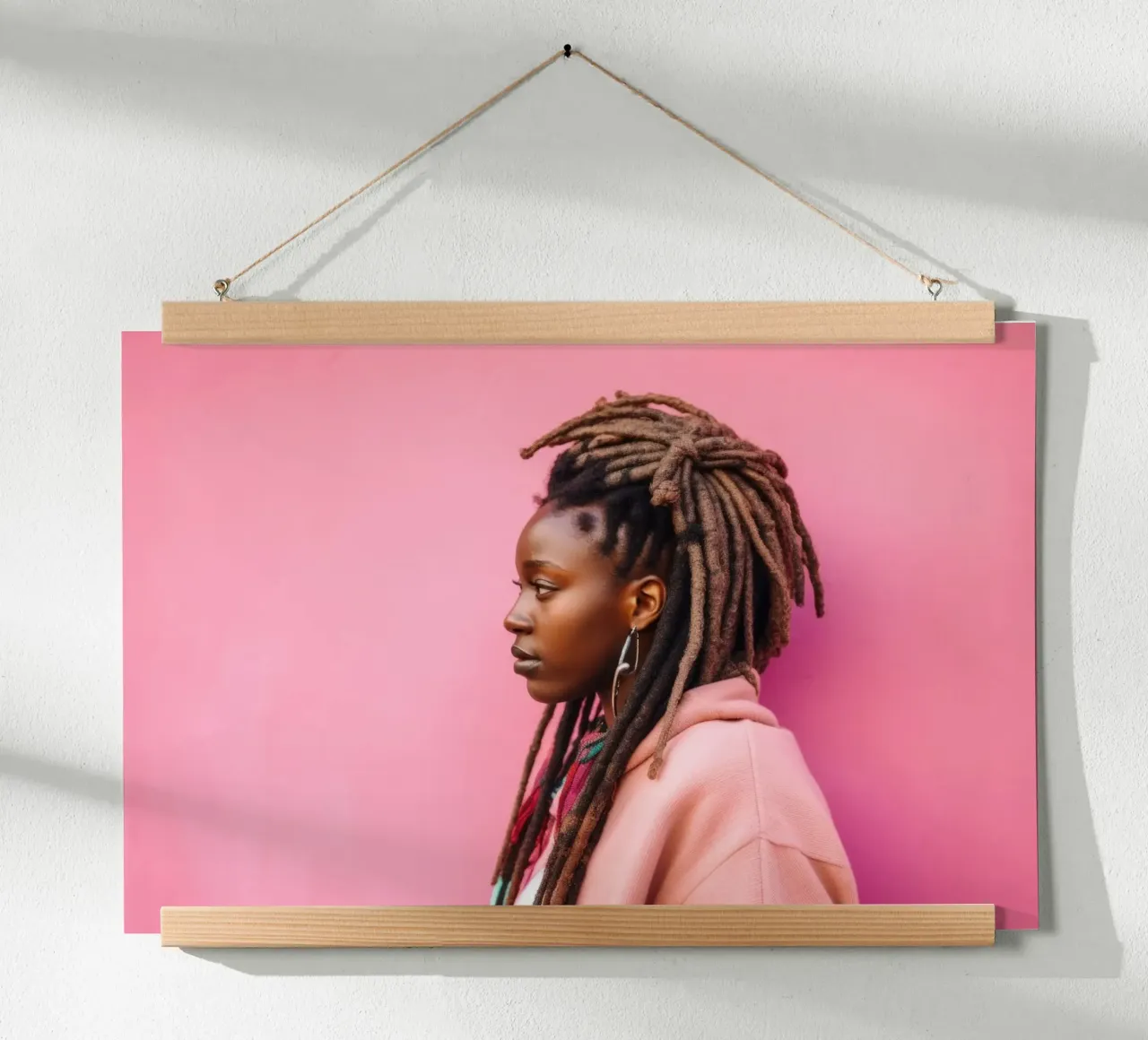 Stilvolle Frau mit Dreadlocks vor rosa Wand Poster mit Kunststoffrahmen von Lisa Artifexia