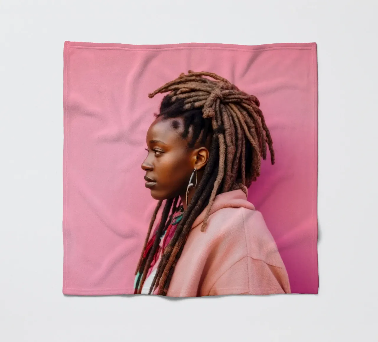 Donna elegante con capelli rasta contro un muro rosa coperta in pile da Lisa Artifexia
