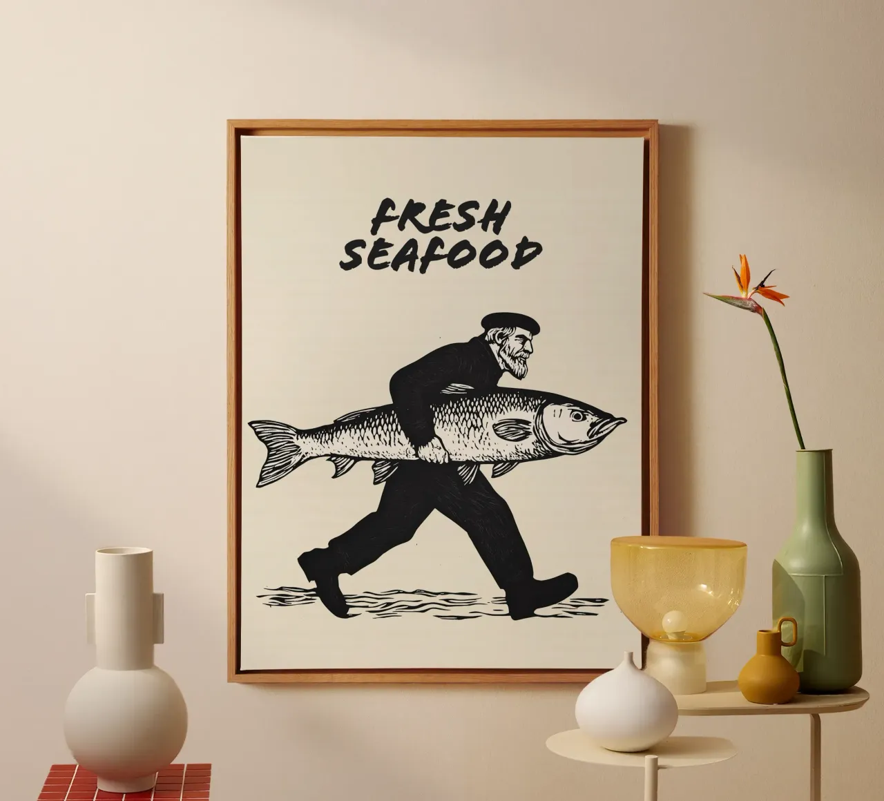 Fresh Seafood | Black and White Artprint canvas with Floater frame by Autofocus