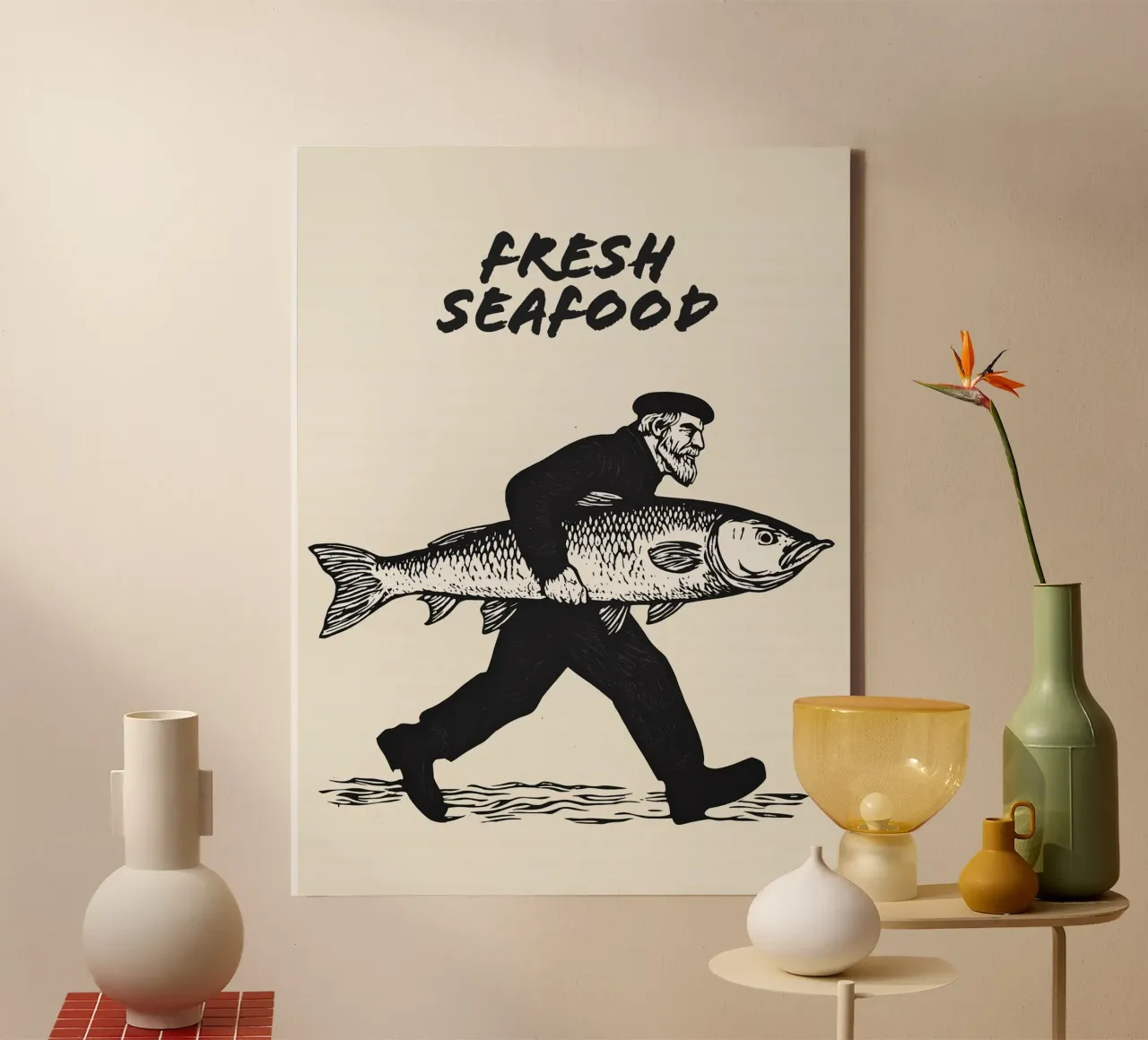 Fresh Seafood | Black and White Artprint canvas with Floater frame by Autofocus