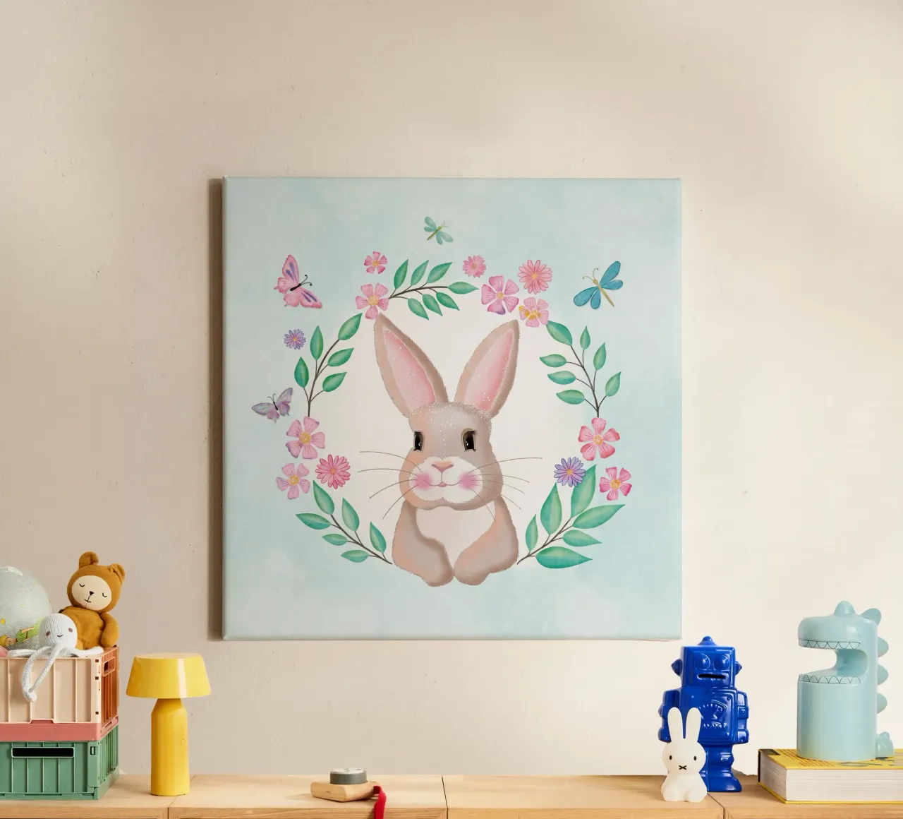 Cute bunny in a wreath of flowers. Not just for Easter. canvas by CalliLetters