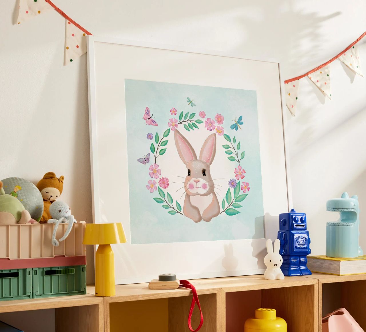 Süßer Hase im Blumenkranz. Nicht nur zu Ostern. Poster von CalliLetters