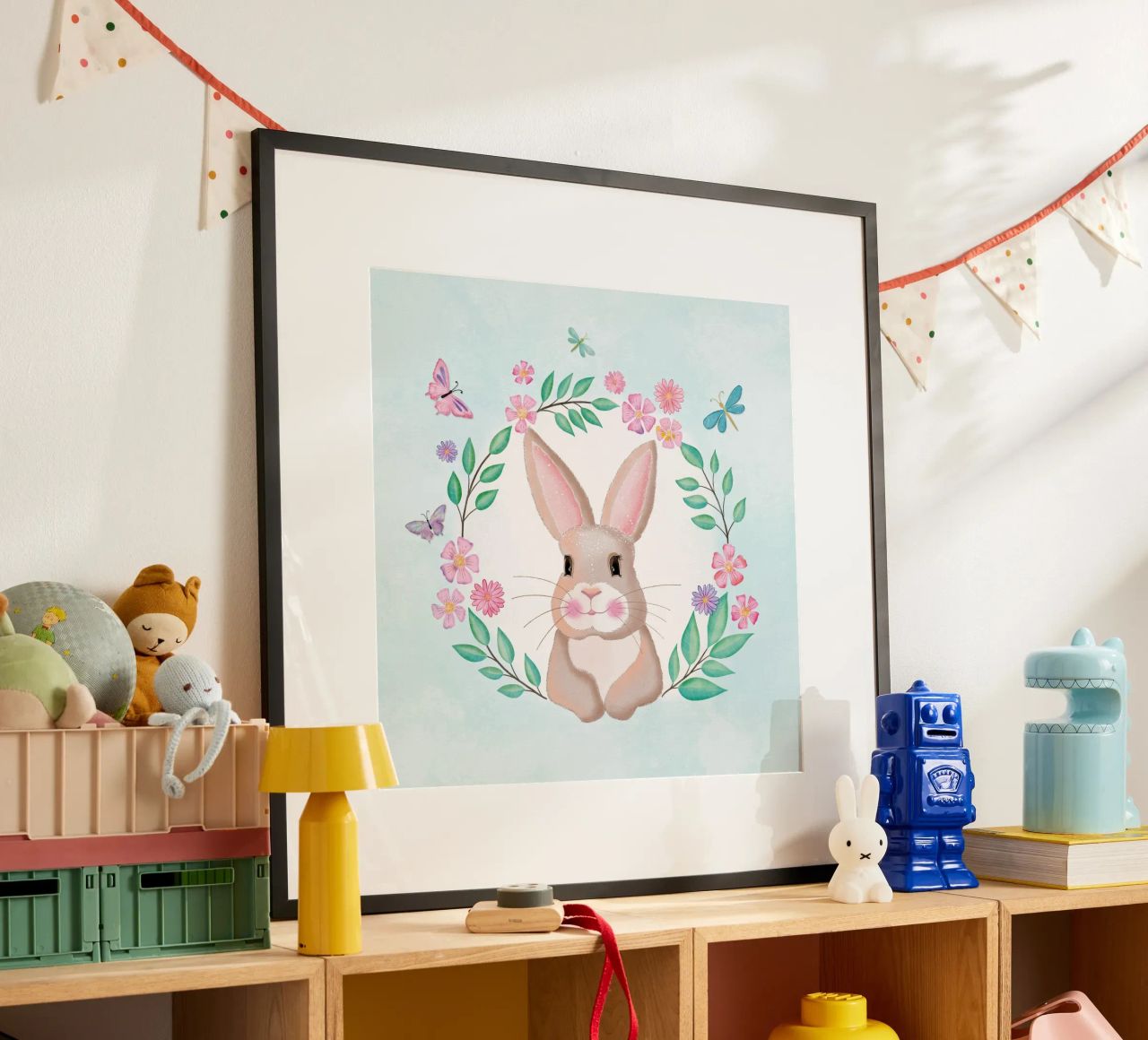 Süßer Hase im Blumenkranz. Nicht nur zu Ostern. Poster von CalliLetters