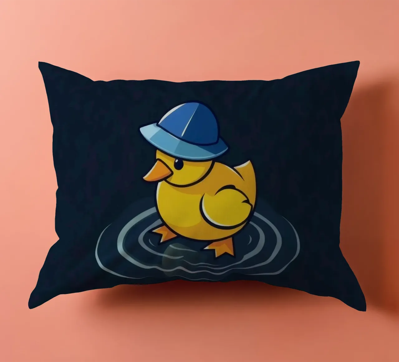 Kleurrijk eendje met blauwe hoed drijft op kabbelend water kussen van DesignDoodle