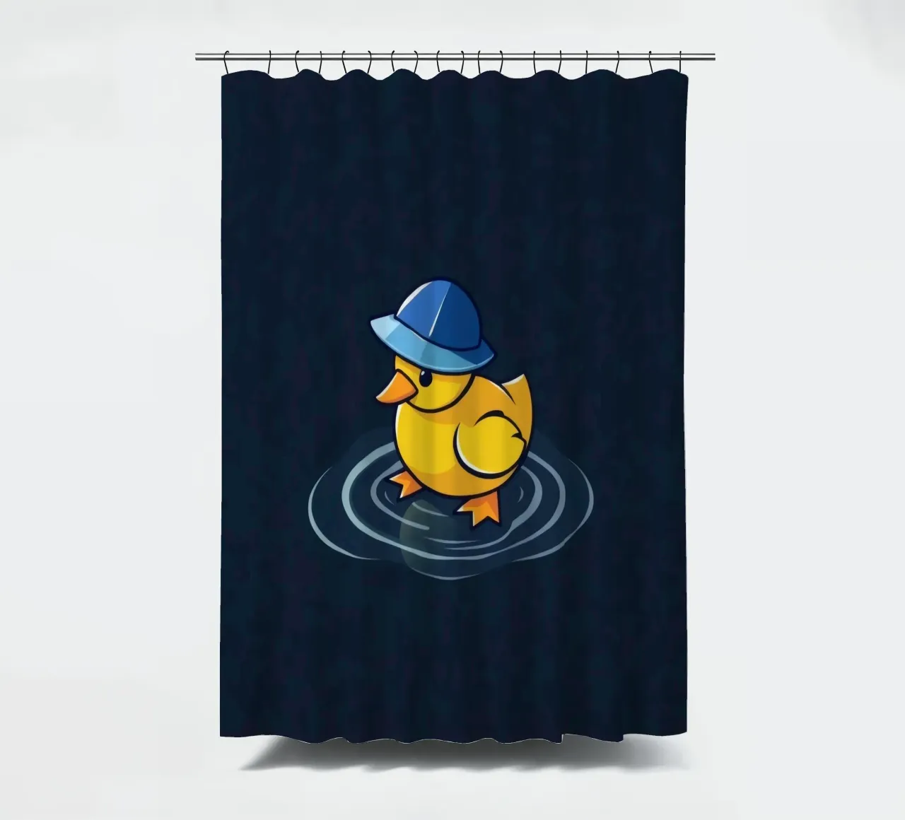 Colorful duckling wearing a blue hat floats rippling water shower curtain by DesignDoodle