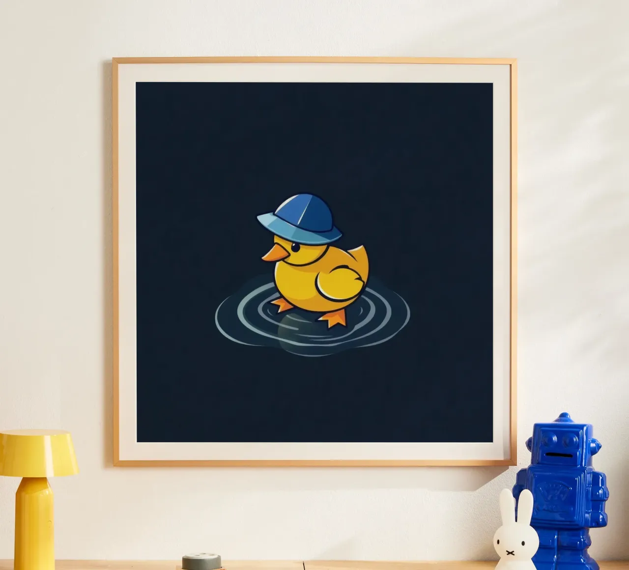 Buntes Entenküken mit blauem Hut schwimmt auf kräuselndem Wasser Poster mit Holzrahmen von DesignDoodle