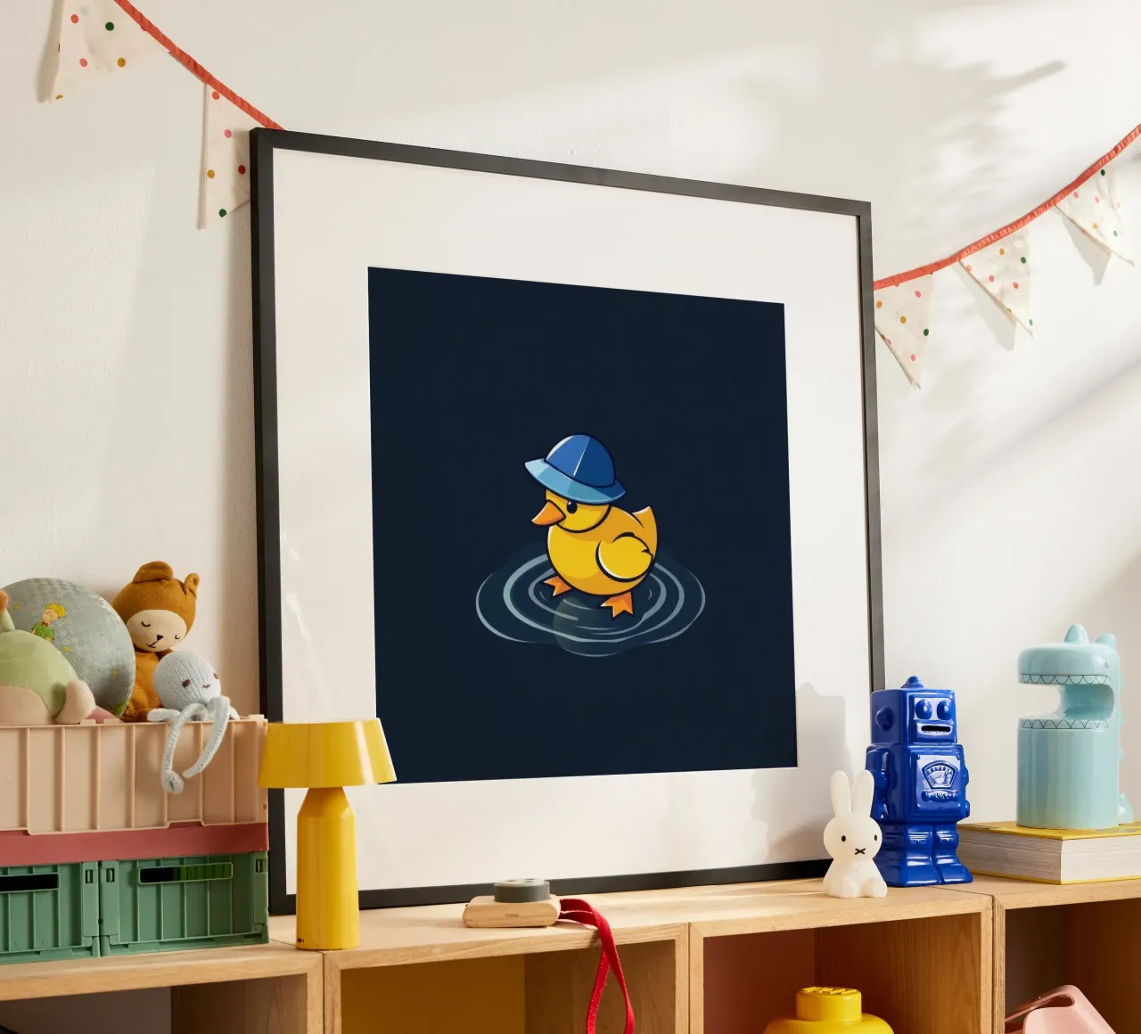 Buntes Entenküken mit blauem Hut schwimmt auf kräuselndem Wasser Poster mit Holzrahmen von DesignDoodle